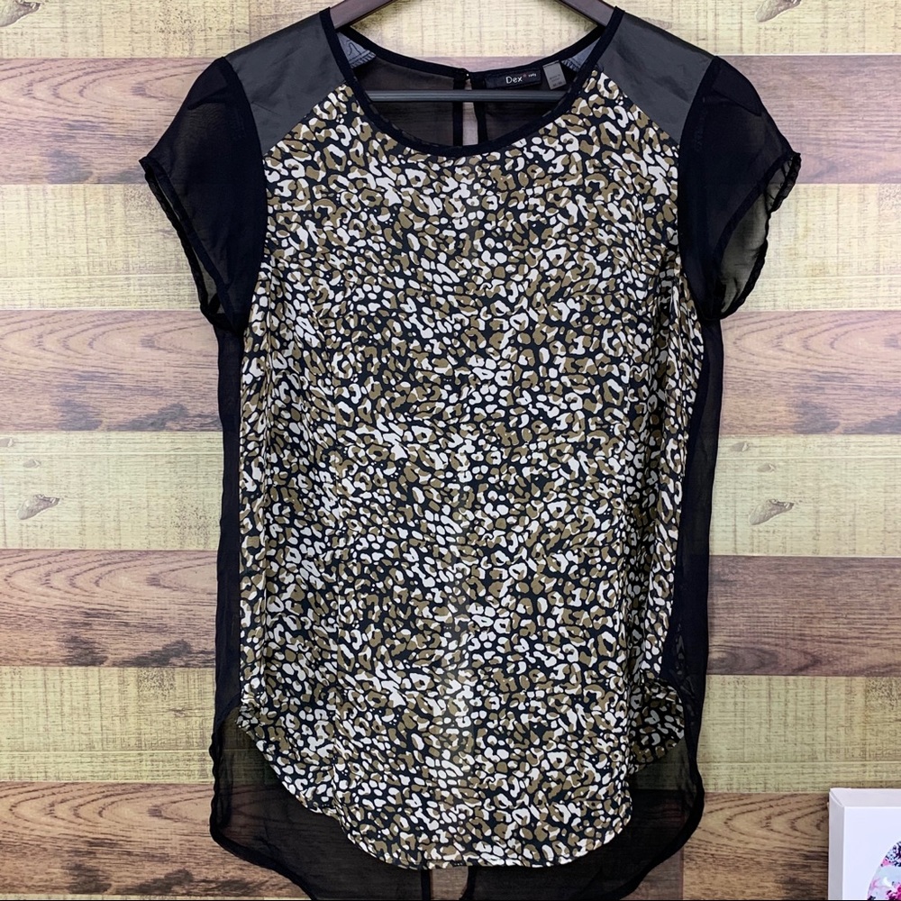 DEX sheer chiffon crew with vegan leather & button